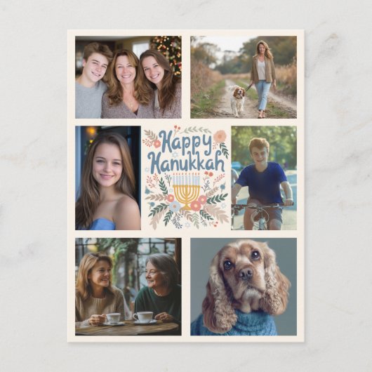 HAPPY HANUKKAH Hand-getrokken CUSTOM 6 FOTO Feestdagenkaart (Voorkant)