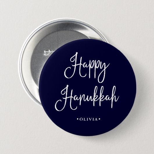 Happy Hanukkah | Handgeschreven script op Navy Blu Ronde Button 7,6 Cm (Voorkant /achterkant)