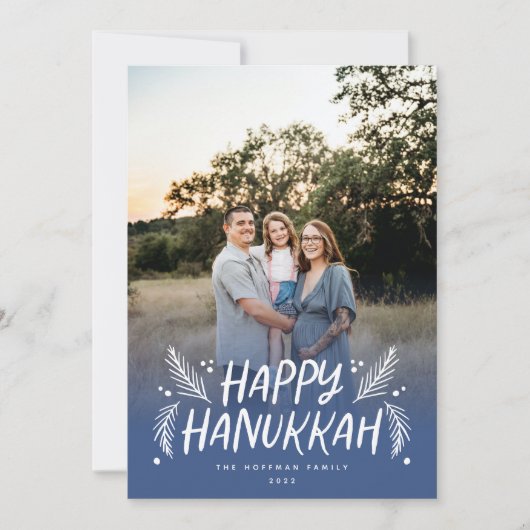 Happy Hanukkah Handgetekende Leaves Snow Full Foto Feestdagenkaart (Voorkant)
