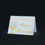 HAPPY HANUKKAH Hebreeuws  Wenskaart Kaart<br><div class="desc">HAPPY HANNUKAH Holiday Greeting Kaart met sterren van David, Menorah en Hebreeuwse letters - Deze unieke Hanukkah-Kaart heeft een onmiskenbare klasstijl die perfect is om je vrienden en familie te laten glimlachen tijdens het vakantieseizoen!!! Dit is een mooi Hanukkah-wenskaart met prachtige joodse symbolen op het patroon van blauwe en gouden...</div>