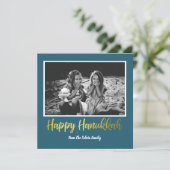 Happy Hanukkah in Blauwgroen Blue en Faux Gold Pho Feestdagenkaart (Staand voorkant)