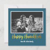 Happy Hanukkah in Blauwgroen Blue en Faux Gold Pho Feestdagenkaart (Voorkant)