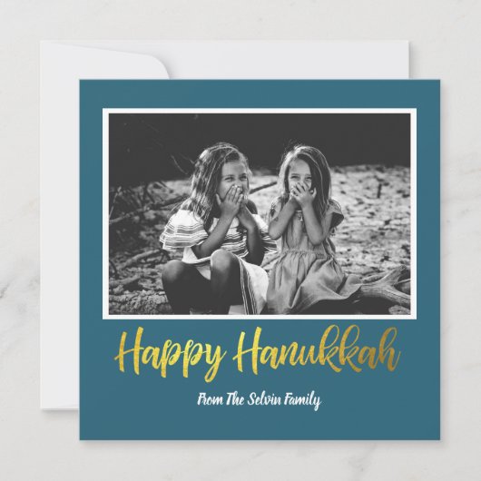 Happy Hanukkah in Blauwgroen Blue en Faux Gold Pho Feestdagenkaart (Voorkant)