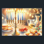 Happy Hanukkah Inpakpapier Vel<br><div class="desc">Hanukkah waterverf illustratie. Een prachtig ingerichte tafel voor een feestelijke viering,  met een traditionele menora met aangestoken kaarsen. Zacht,  warm licht,  terwijl vakantiedecoraties een vleugje vrolijkheid toevoegen. Warme lichten creëren een gezellige,  uitnodigende sfeer.</div>