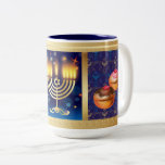 Happy Hanukkah Jewish Holiday Mooi Tweekleurige Koffiemok<br><div class="desc">Happy Hanukkah Beauful Jewish Holiday Coffee Mok & Cup Design. De joodse Holiday Hanukkah-achtergrond met traditionele Chanoekijsymbolen - houten droidels (draaischijf),  donuts,  menorah,  kaarsen,  ster van David en gloeiende lichtjes behang,  decoratief patroon voor Home,  Kitchen & Dining,  Drinkware,  Mokken & Cups. Hanoekah Festival Decoratie. Judaica. Jeruzalem,  Israël.</div>