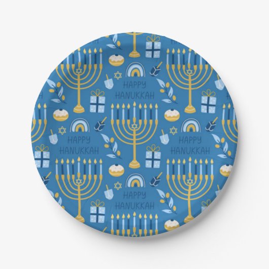 Happy Hanukkah Jewish Star Menorah Blue Papieren Bordje (Voorkant)