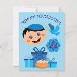 🕎 Happy Hanukkah, jongen, aanpasbare teksten Kaart<br><div class="desc">Happy Hanukkah,  gelukkige kinderen met cadeaus,  donuts,  duiven op witte achtergrond</div>