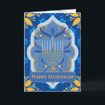 Happy Hanukkah Kaart<br><div class="desc">Een mooi en elegant wenskaart om iemand een Happy Chanoeka te wensen. Perfecte kaart voor de viering van het Joodse lichtfestival. Helder van kleur met een menora vooraan omgeven door olijven en takken, kleurrijke lijsten en de davidsterren op een koningsblauwe achtergrond en felgele bloemetjes op de hoeken. Klassiek en modern...</div>