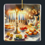 Happy Hanukkah Keramisch Ornament<br><div class="desc">Hanukkah waterverf illustratie. Een prachtig ingerichte tafel voor een feestelijke viering,  met een traditionele menora met aangestoken kaarsen. Zacht,  warm licht,  terwijl vakantiedecoraties een vleugje vrolijkheid toevoegen. Warme lichten creëren een gezellige,  uitnodigende sfeer.</div>