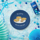 Happy Hanukkah Latkes Cartoon Blue Background Papieren Bordje (Feest)