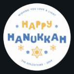 Happy Hanukkah-liefde en licht Ronde Sticker<br><div class="desc">Festive gepersonaliseerd Hanukkah-ontwerp.</div>