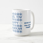 Happy Hanukkah Mazel Tov Star van David Menorah Koffiemok<br><div class="desc">Happy Hanukkah Mazel Tov Star of David Menorah Hebrew Festival of Light Celebration Jewish Holiday Snowflakes Typography Pattern Coffee Mok met aangepaste tekst en naam</div>