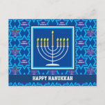 🕎 Happy Hanukkah, Menorah, aanpasbaar Briefkaart<br><div class="desc">Happy Hanukkah met Menorah op blauwe achtergrond. Volledig aanpasbaar terug.</div>