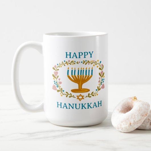HAPPY HANUKKAH Menorah bloemenjoods Vakantie Koffiemok (Met donut)