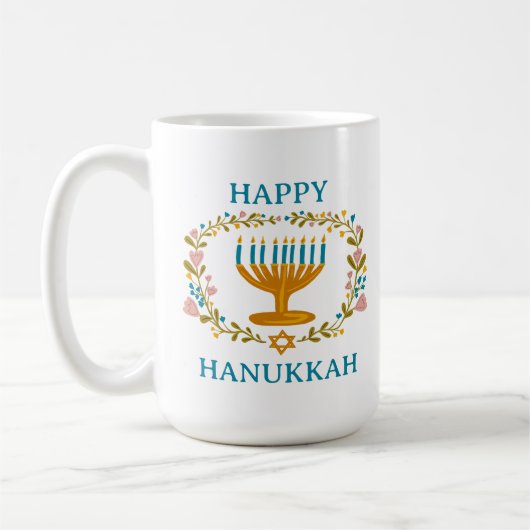 HAPPY HANUKKAH Menorah bloemenjoods Vakantie Koffiemok (Links)