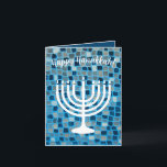 Happy Hanukkah Menorah Blue Mosaic Ornament Kaart<br><div class="desc">De tekst van deze kaart is volledig aanpasbaar. De negen tak-menorah van Hanukkah drijft op een blauwe mozaïekachtergrond. Verstuur de beste wensen voor Hanukkah naar vrienden en familie! Happy Hanukkah!</div>