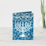 Happy Hanukkah Menorah Blue Mosaic Ornament Kaart<br><div class="desc">De tekst van deze kaart is volledig aanpasbaar. De negen tak-menorah van Hanukkah drijft op een blauwe mozaïekachtergrond. Verstuur de beste wensen voor Hanukkah naar vrienden en familie! Happy Hanukkah!</div>