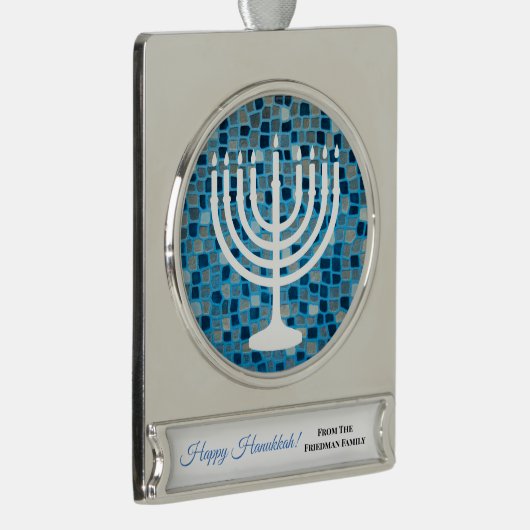 Happy Hanukkah Menorah Blue Mosaic Ornament Verzilverd Banner Ornament (Rechts)