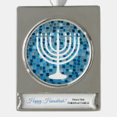 Happy Hanukkah Menorah Blue Mosaic Ornament Verzilverd Banner Ornament (Voorkant)