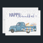 Happy Hanukkah Menorah Blue Vintage Truck Feestdagenkaart<br><div class="desc">Dit ontwerp werd gecreeerd door digitale kunst. Het kan op het gebied worden gepersonaliseerd dat door de foto en/of de tekst te veranderen wordt verstrekt. Of het kan worden aangepast door de klik te kiezen om de andere optie aan te passen en de kleur op de achtergrond te verwijderen of...</div>