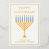 Happy Hanukkah Menorah Chic Custom Gold Folie Feestdagenkaart (Voorkant)