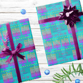 Happy Hanukkah Menorah Colorful Turquoise Pattern Cadeaupapier