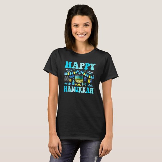 Happy Hanukkah Menorah Dreidel Book Latkes Pajamas T-shirt (Voorkant volledig)
