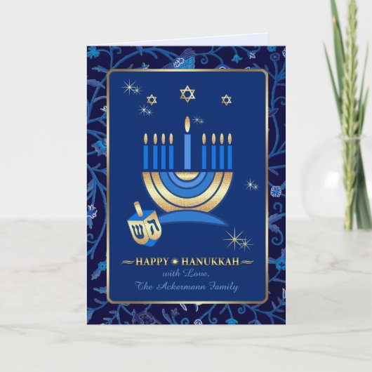 Happy Hanukkah. Menorah en Dreidel Feestdagen Kaart (Voorkant)
