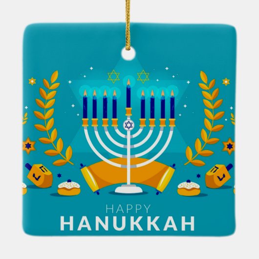 Happy Hanukkah Menorah en Dreidels Keramisch Ornament (Achterkant)