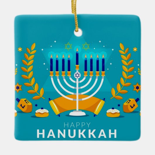 Happy Hanukkah Menorah en Dreidels Keramisch Ornament (Voorkant)
