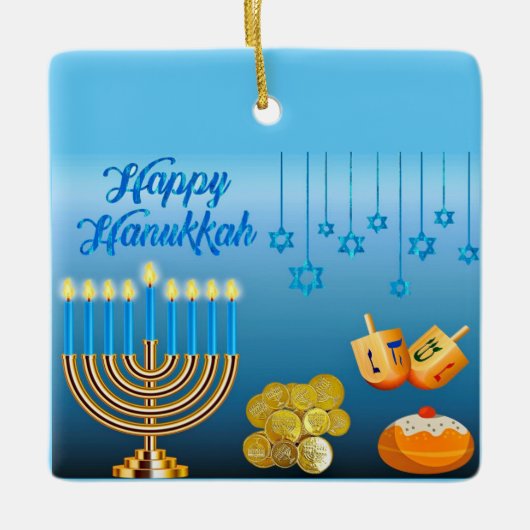 Happy Hanukkah Menorah en Dreidels Keramisch Ornament (Voorkant)