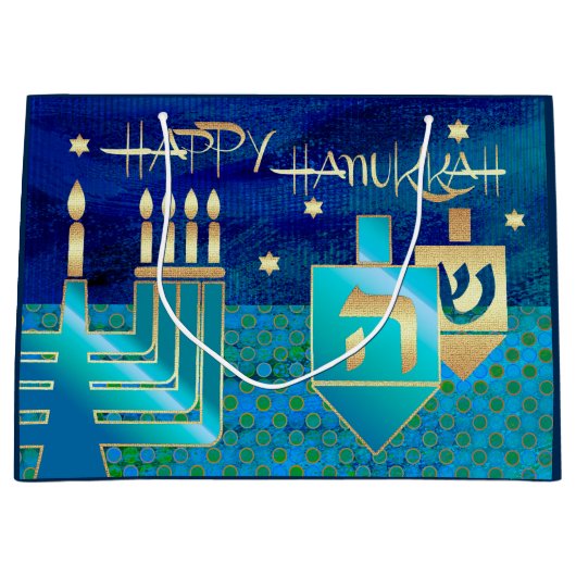 Happy Hanukkah. Menorah en Dreidels Large Cadeautasje (Voorkant)