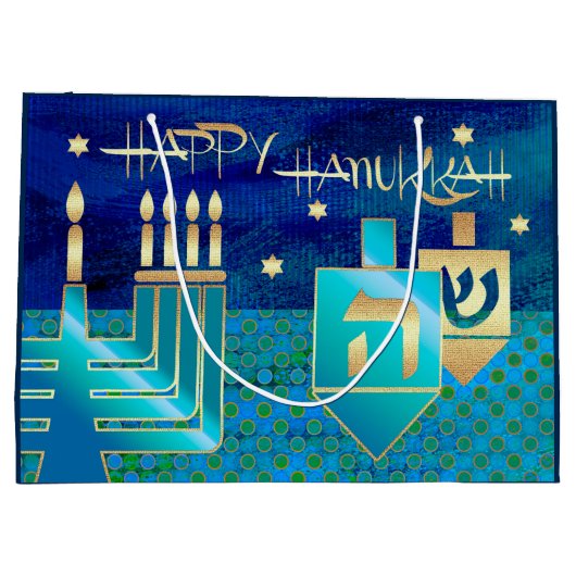 Happy Hanukkah. Menorah en Dreidels Large Cadeautasje (Achterkant)