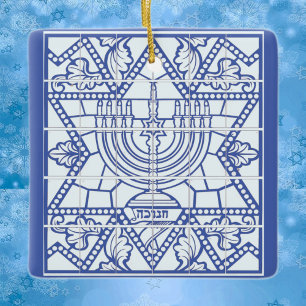 Happy Hanukkah Menorah en Star van David Keramisch Ornament