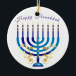 Happy Hanukkah menorah gele goudkaarsen Keramisch Ornament<br><div class="desc">hand ontworpen Happy Hanukkah blauw en geel Menorah ornament. Pas het bericht aan.</div>