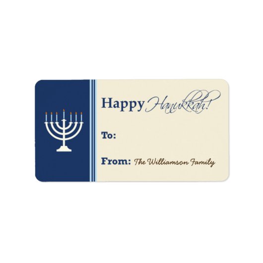 Happy Hanukkah Menorah Gift Label (donkerblauw) (Voorkant)