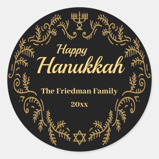 Happy Hanukkah Menorah Gold Festive-Lijst op zwart Ronde Sticker (Voorkant)