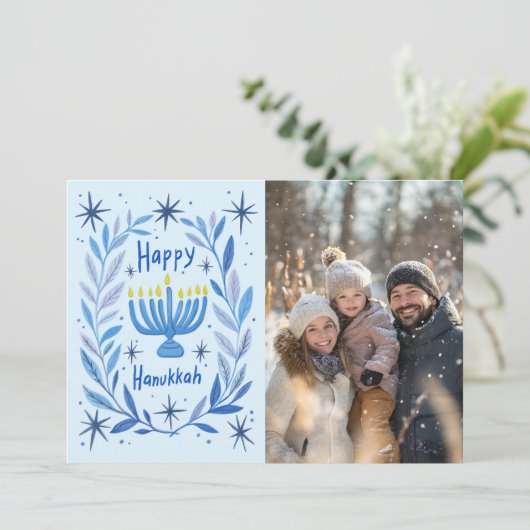 Happy Hanukkah Menorah Hand getrokken CUSTOM FOTO Feestdagenkaart (Staand voorkant)
