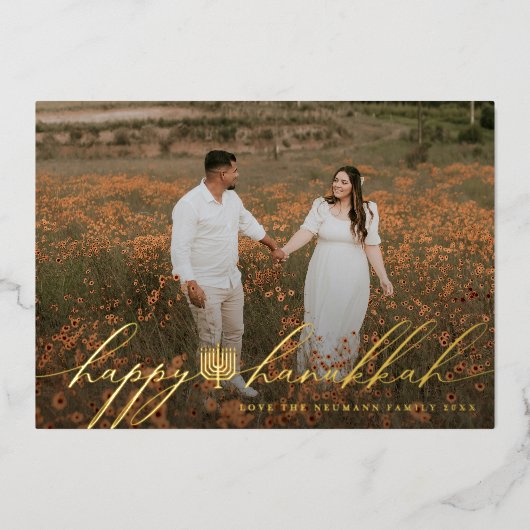 Happy Hanukkah Menorah Hanukkiah Photo Folie Feestdagenkaart (Voorkant)