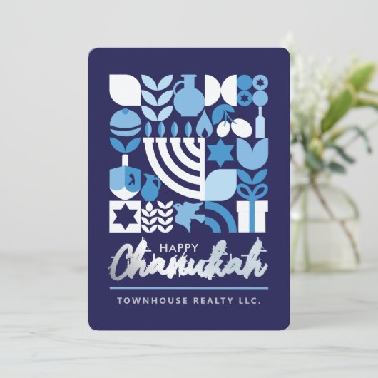 Happy Hanukkah Menorah Jewish Stars Dreidel Holid Feestdagenkaart (Staand voorkant)