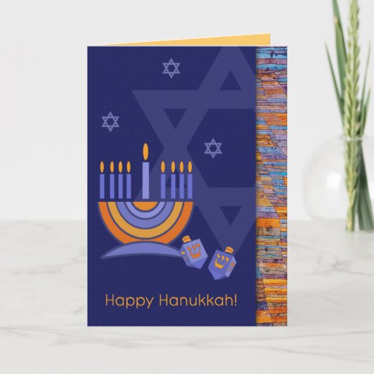 Happy Hanukkah. Menorah met Dreidels Feestdagen Kaart (Voorkant)