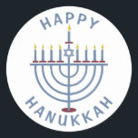 Happy Hanukkah Menorah Ronde Sticker<br><div class="desc">Deze  stickers hebben een menora met de woorden "Happy Chanoeka." Bekijk hier de uitnodigingen voor matching party: https://www.zazzle.com/hanukkah_party_funny_whole_latke_fun_invitation-256781977102628379</div>