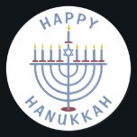 Happy Hanukkah Menorah Ronde Sticker<br><div class="desc">Deze  stickers hebben een menora met de woorden "Happy Chanoeka." Bekijk hier de uitnodigingen voor matching party: https://www.zazzle.com/hanukkah_party_funny_whole_latke_fun_invitation-256781977102628379</div>