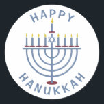 Happy Hanukkah Menorah Ronde Sticker<br><div class="desc">Deze  stickers hebben een menora met de woorden "Happy Chanoeka." Bekijk hier de uitnodigingen voor matching party: https://www.zazzle.com/hanukkah_party_funny_whole_latke_fun_invitation-256781977102628379</div>
