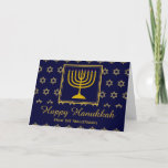 HAPPY HANUKKAH Menorah Star van David Persoonlijk Feestdagen Kaart<br><div class="desc">Persoonlijke HAPPY HANUKKAH Kaart. Stijlvol wenskaart om HANUKKAH te vieren met menorah en ster van David. Donkerblauwe achtergrond met faux gold Star van David en typografie. De tekst van Placeholder op dekking en binnengroet zijn klantgericht, zodat kunt u jouw naam toevoegen en het bericht veranderen. Kies uit een brede selectie...</div>