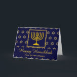 HAPPY HANUKKAH Menorah Star van David Persoonlijk Feestdagen Kaart<br><div class="desc">Persoonlijke HAPPY HANUKKAH Kaart. Stijlvol wenskaart om HANUKKAH te vieren met menorah en ster van David. Donkerblauwe achtergrond met faux gold Star van David en typografie. De tekst van Placeholder op dekking en binnengroet zijn klantgericht, zodat kunt u jouw naam toevoegen en het bericht veranderen. Kies uit een brede selectie...</div>