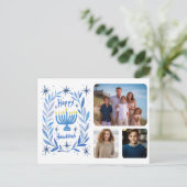 Happy Hanukkah Menorah Watercolor CUSTOM 3 Photo Feestdagenkaart (Staand voorkant)