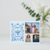 Happy Hanukkah Menorah Waterverf CUSTOM 3 foto's Feestdagenkaart (Staand voorkant)