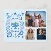 Happy Hanukkah Menorah Waterverf CUSTOM 3 foto's Feestdagenkaart (Voorkant)