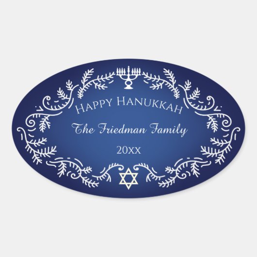 Happy Hanukkah Menorah White Festive Lijst op blau Ovale Sticker (Voorkant)